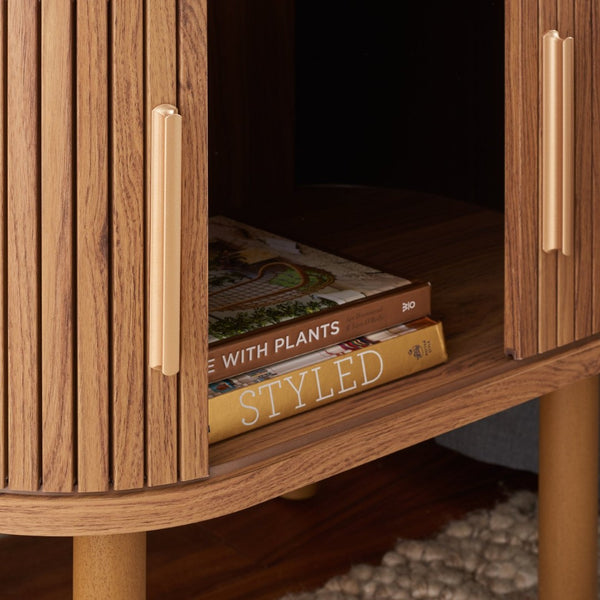 Safavieh Tealla Mid-Century Tambour Door Nightstand With Stylish Gold Hardware And Ample Storage Solutions Oak / Gold NST9610D