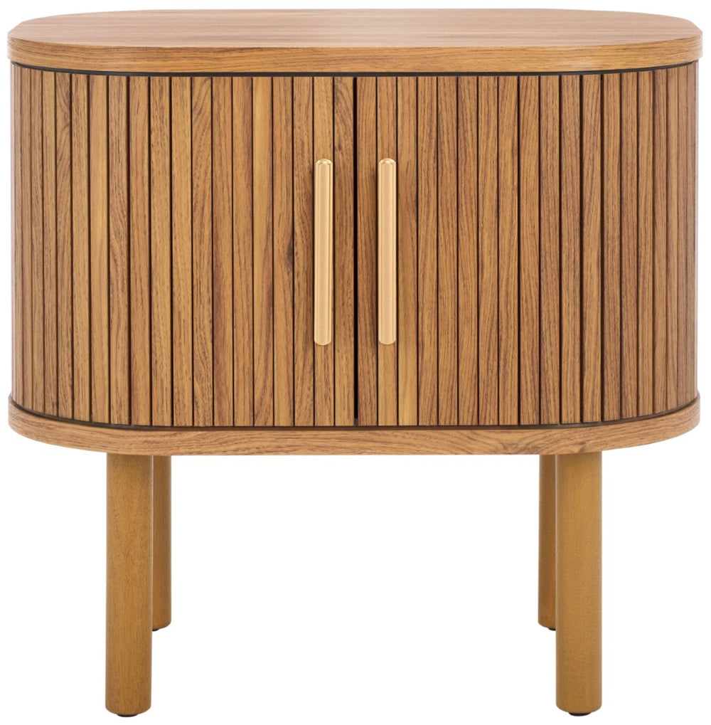 Safavieh Tealla Mid-Century Tambour Door Nightstand With Stylish Gold Hardware And Ample Storage Solutions Oak / Gold NST9610D