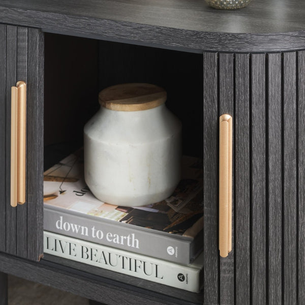 Safavieh Tealla Mid-Century Tambour Door Nightstand With Stylish Gold Hardware And Ample Storage Solutions Distressed Black / Gold NST9610E