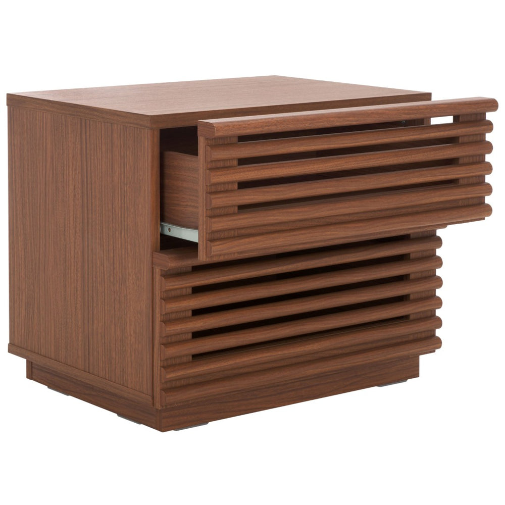 Safavieh Averi Modern Two-Drawer Nightstand With Chic Reeded Texture And Tapered Legs For Stylish Storage Dark Walnut NST9611A