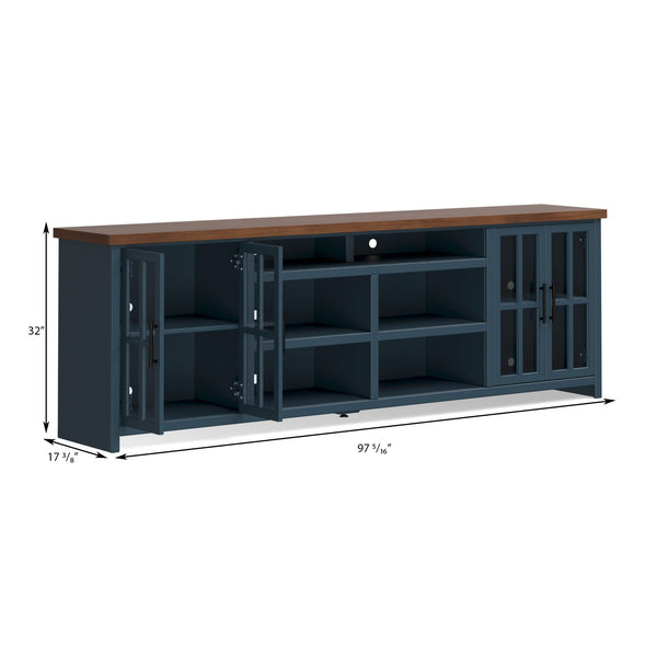 Legends Furniture Bridgevine Home Nantucket 96 Inch Tv Stand Console For Tvs Up To 100 Inches, No Assembly Requried, Blue Denim And Whiskey Finish Blue Denim And Whiskey, Blue Poplar Solids And Okoume Veneers With Knotty Alder Top Nt1211.Bwk