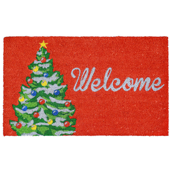 Trans Ocean Liora Manne Winter Welcome Outdoor Mat - Festive Red Coir Decor With Christmas Tree & Silver Greeting Red Coir Ntr12207024