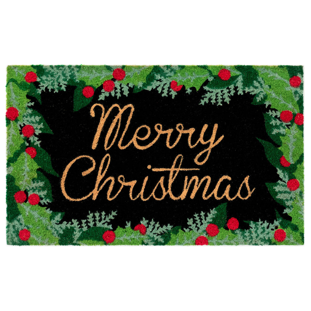 Trans Ocean Liora Manne Merry Christmas Holly Outdoor Mat - Elegant Black Coir With Festive Border Design 1'6"X2'6" Black Coir Ntr12222748