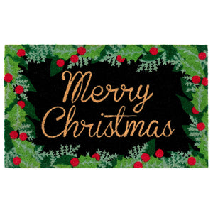 Trans Ocean Liora Manne Merry Christmas Holly Outdoor Mat - Elegant Black Coir With Festive Border Design 1'6"X2'6" Black Coir Ntr12222748