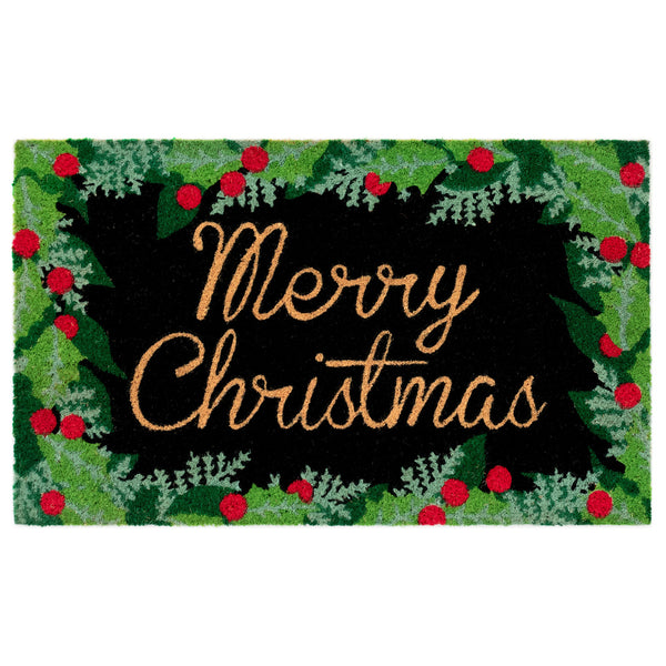Trans Ocean Liora Manne Merry Christmas Holly Outdoor Mat - Elegant Black Coir With Festive Border Design 1'6"X2'6" Black Coir Ntr12222748
