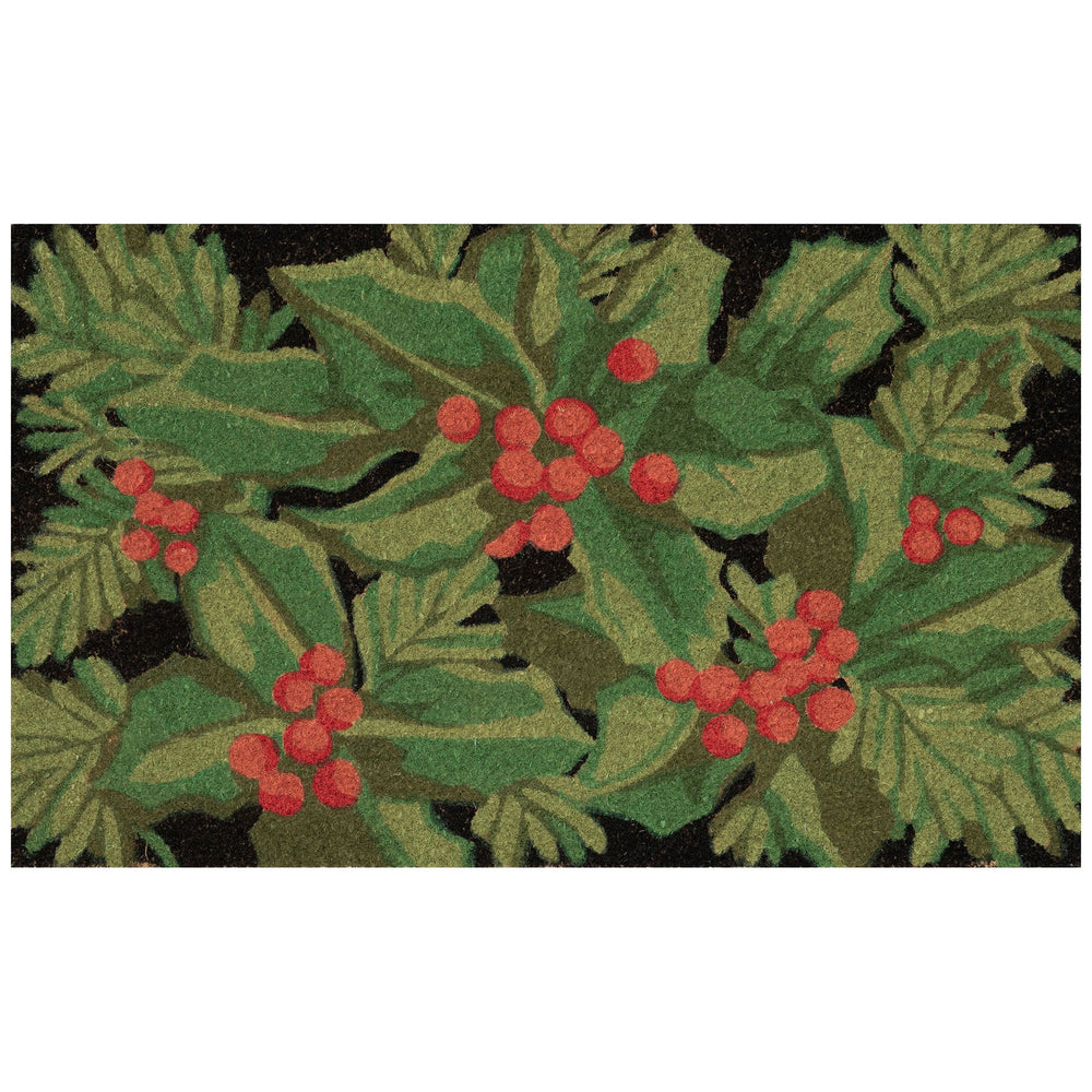 Trans Ocean Liora Manne Natura Hollyberries Outdoor Mat - Festive Black Design With Green Leaves & Red Berries Black Coir Ntr12253848