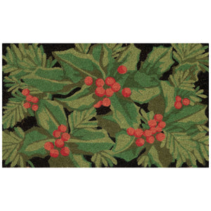 Trans Ocean Liora Manne Natura Hollyberries Outdoor Mat - Festive Black Design With Green Leaves & Red Berries Black Coir Ntr12253848
