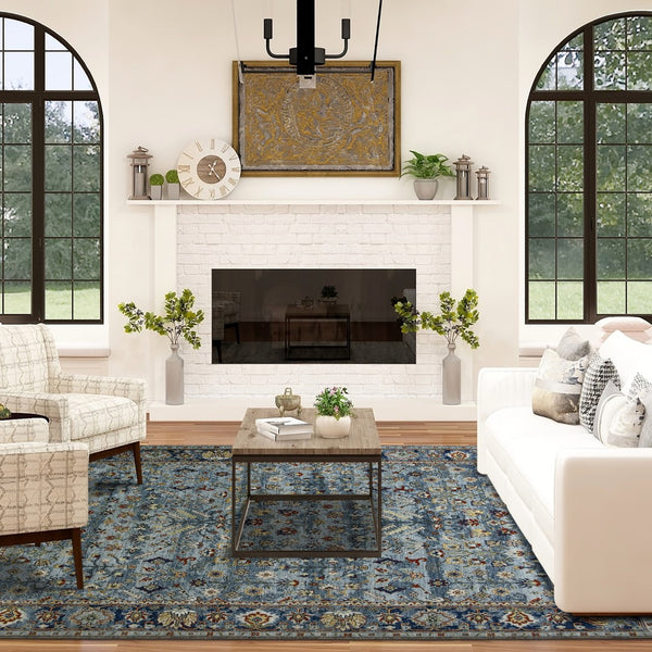 AMER Rugs Nuit Arabe Urie NUI-60 Hand-Knotted Handmade Raw Handspun Wool Transitional Bordered Rug Carolina Blue 10' x 14'