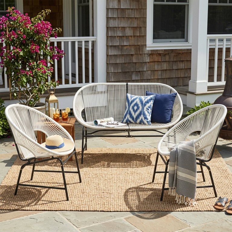 English Elm Nusa Outdoor 3 Piece PE Rattan Chat Set with Iron Frame for Patio or Balcony White NUSA3PCSETWHI-N