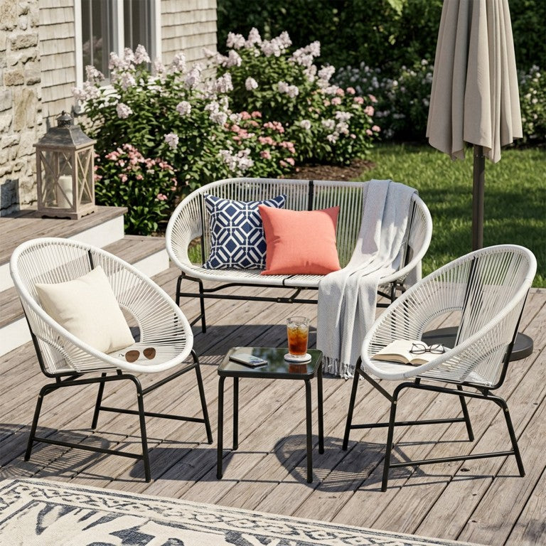 English Elm Nusa Outdoor 3 Piece PE Rattan Chat Set with Iron Frame for Patio or Balcony White NUSA3PCSETWHI-N