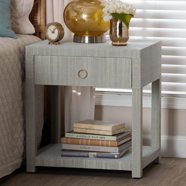 Bali & Pari Nata Handwoven Mendong Grasscloth Nightstand with Drawer and Open Shelf Boho