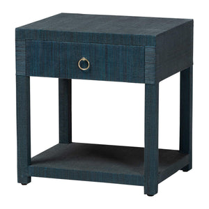 Baxton Studio Bali & Pari Nata Handwoven Mendong Grasscloth Nightstand with Drawer and Open Shelf Boho Indigo Nata-Indigo Woven Grasscloth-NS