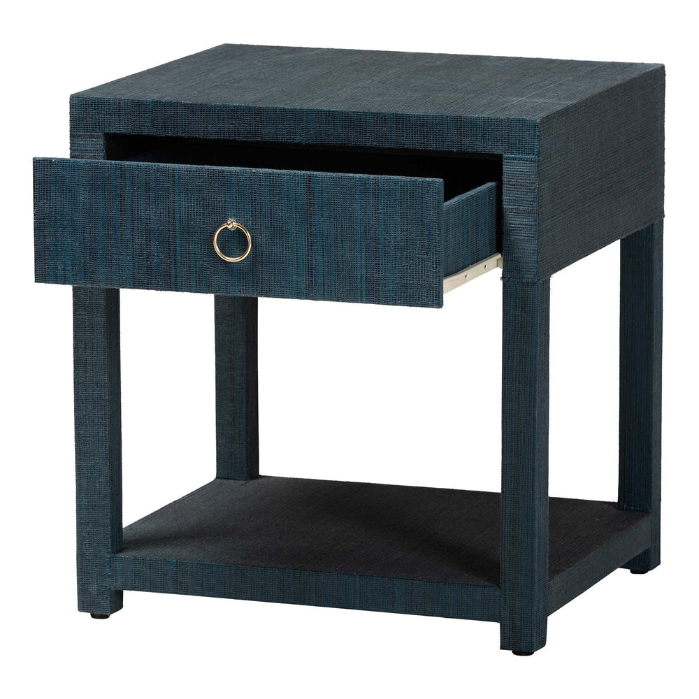 Baxton Studio Bali & Pari Nata Handwoven Mendong Grasscloth Nightstand with Drawer and Open Shelf Boho Indigo Nata-Indigo Woven Grasscloth-NS