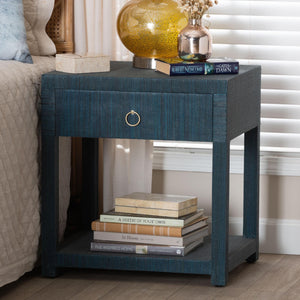 Bali & Pari Nata Handwoven Mendong Grasscloth Nightstand with Drawer and Open Shelf Boho