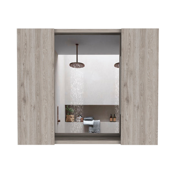 English Elm Artemisa Double Door Medicine Cabinet with Mirror, 6 Shelves, External Shelf, Humidity‑Resistant Gray B20092059