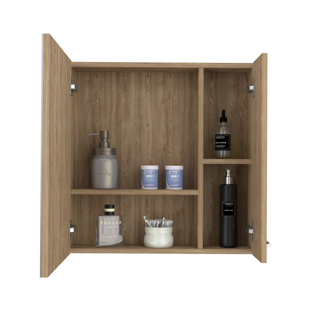 English Elm Sines Pine Mirror Medicine Cabinet with Double Doors, 4 Shelves, 18"x23" Mirror, Beige Minimalist B20092078