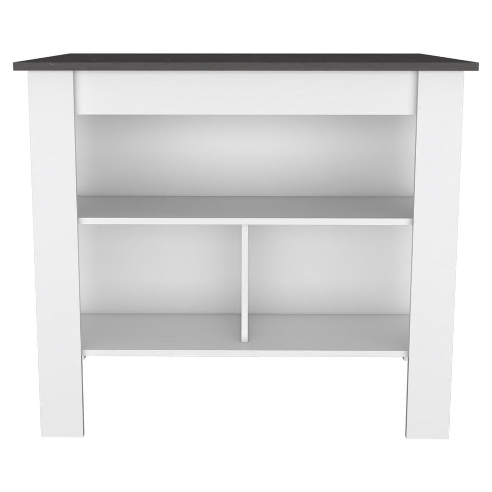 English Elm Kitchen Island - Modern 35" H Table With 3 Open Shelves, White & Onix Finish For Stylish Storage B097132969