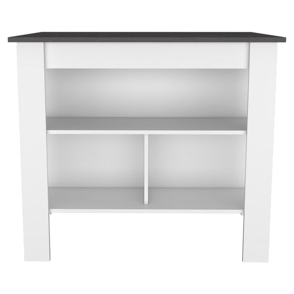 English Elm Kitchen Island - Modern 35" H Table With 3 Open Shelves, White & Onix Finish For Stylish Storage B097132969