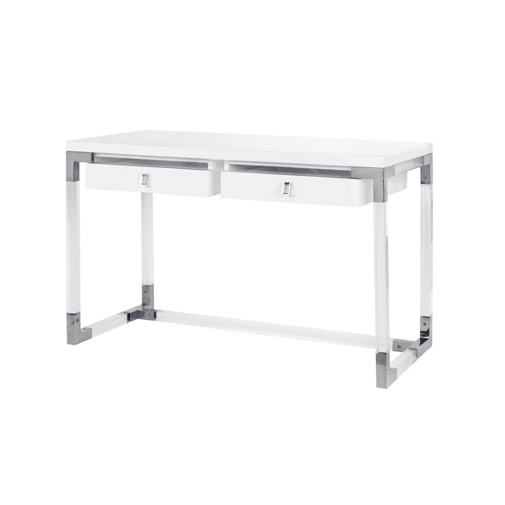 Pasargad Home Firenze Lacquer & Lucite Desk – Modern White Workspace With Storage Drawers White Lacquer & Lucite Re-3535