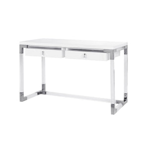 Pasargad Home Firenze Lacquer & Lucite Desk – Modern White Workspace With Storage Drawers White Lacquer & Lucite Re-3535