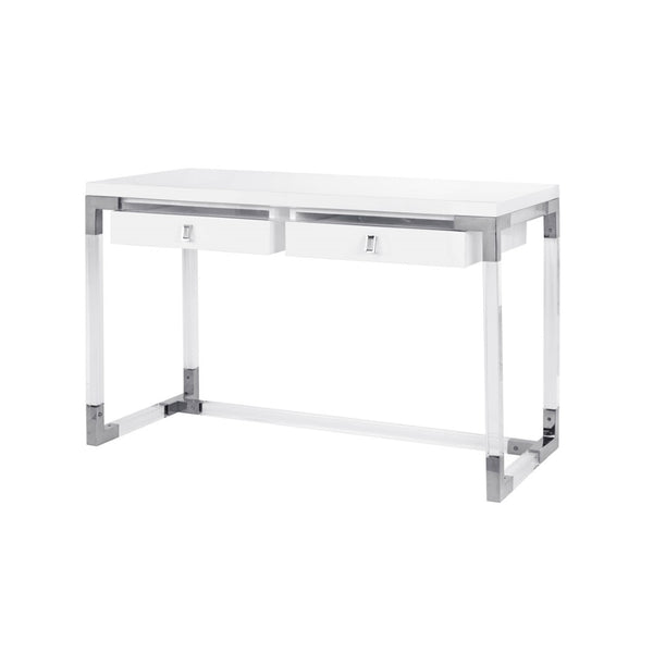 Pasargad Home Firenze Lacquer & Lucite Desk – Modern White Workspace With Storage Drawers White Lacquer & Lucite Re-3535