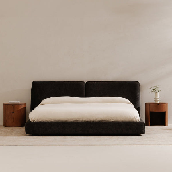 Moe's Home Zeppelin Bed - 70s Inspired Low-slung Design With Floating Base And Plush Foam Headboard Comfort Black Uphosltery, 100% Polyester,Wood Frame, Plywood Oa-1005-02-0