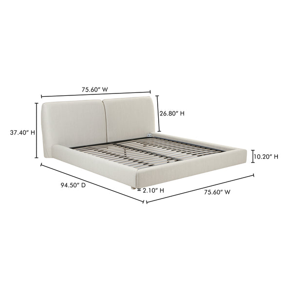 Moe's Home Zeppelin Bed - 70s Inspired Low-slung Design With Floating Base And Plush Foam Headboard Comfort White Upholstery, 97% Polyester,3% Linen,Wood Frame, Plywood Oa-1005-29-0