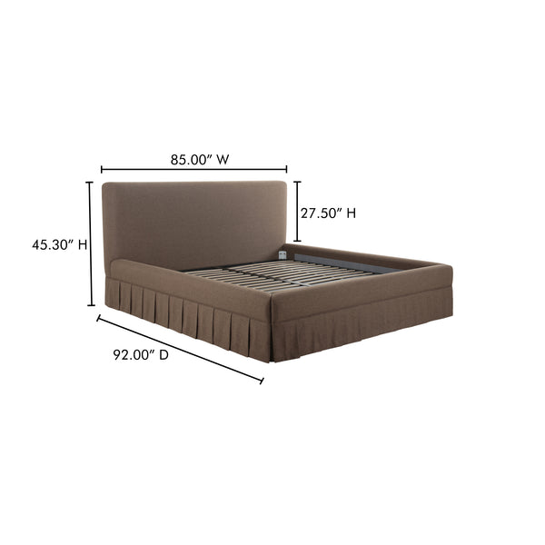 Moe's Home Maren Bed: Elegant Upholstered Design With Vintage Finesse, Soft Curves, And Supportive Slats Brown Upholstery, 100% Polyester,Plywood Frame Oa-1016-03-0
