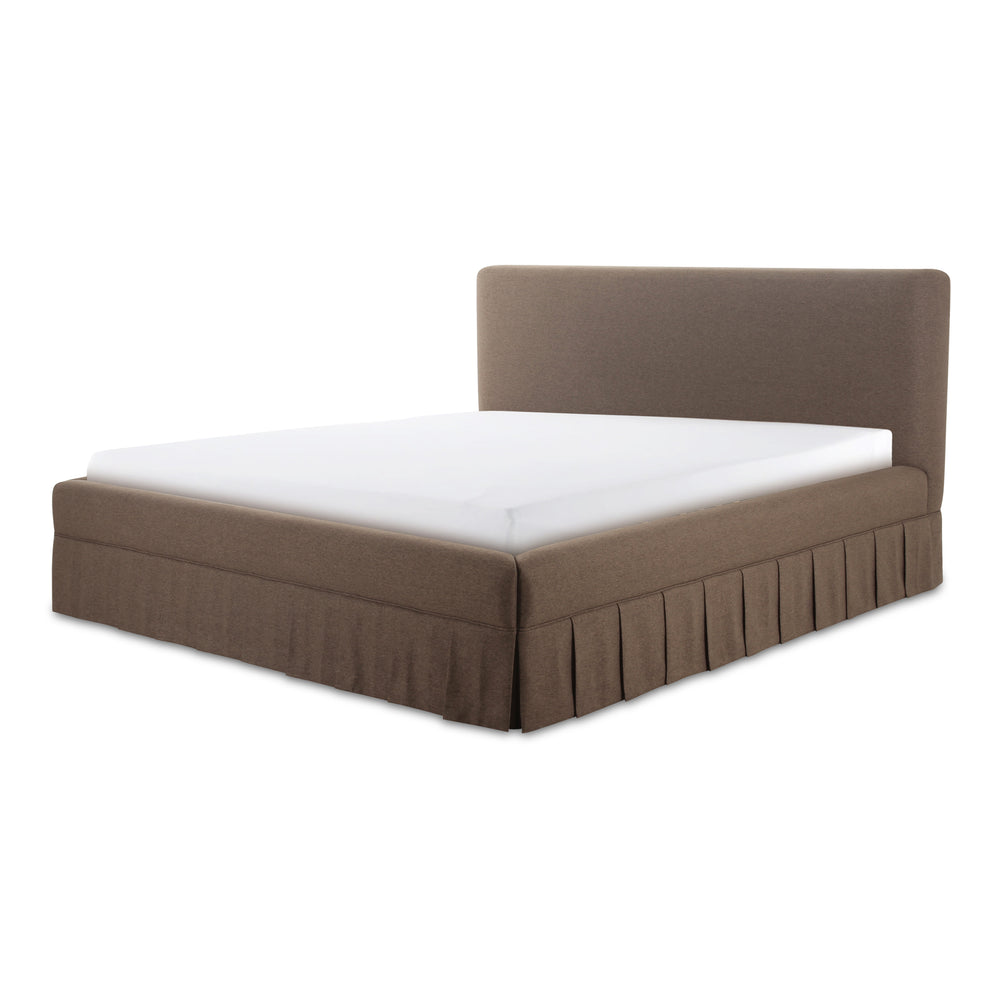 Moe's Home Maren Bed: Elegant Upholstered Design With Vintage Finesse, Soft Curves, And Supportive Slats Brown Upholstery, 100% Polyester,Plywood Frame Oa-1016-03-0