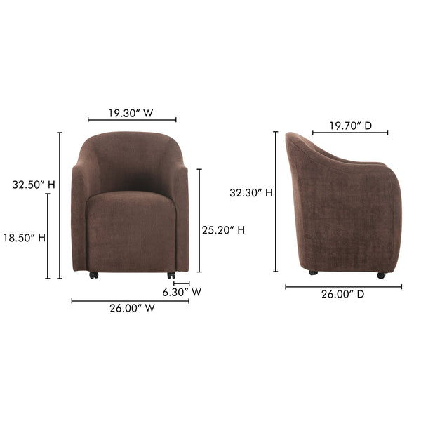 Moe's Home Drava Rolling Dining Chair - Comfort-driven Design With Versatile Mobility And Soft Upholstery Brown Upholstery, 100% Polyester,Plywood Frame Oa-1034-20