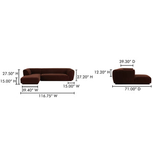 Moe's Home Zandro Sectional Sofa - Luxurious Plush Velvet Upholstery With Elegant Channel Detailing For Comfort Brown Upholstery, 100% Polyester,Plywood Frame Oa-1036-03-l-0