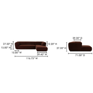 Moe's Home Zandro Sectional Sofa - Luxurious Plush Velvet Upholstery With Elegant Channel Detailing For Comfort Brown Upholstery, 100% Polyester,Plywood Frame Oa-1036-03-r-0