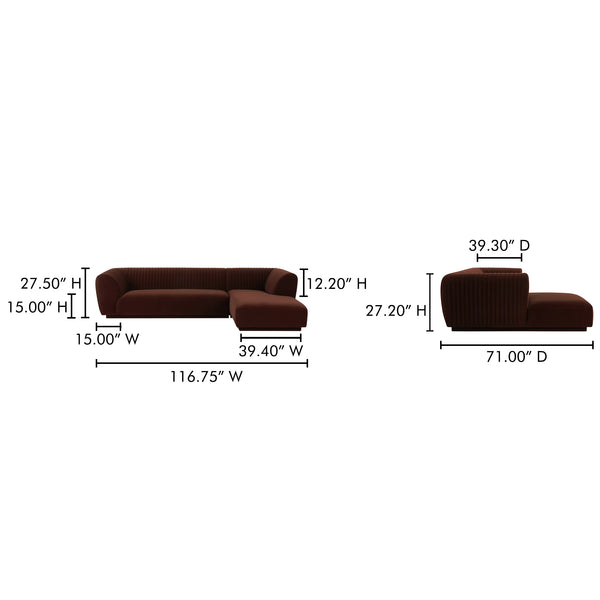 Moe's Home Zandro Sectional Sofa - Luxurious Plush Velvet Upholstery With Elegant Channel Detailing For Comfort Brown Upholstery, 100% Polyester,Plywood Frame Oa-1036-03-r-0