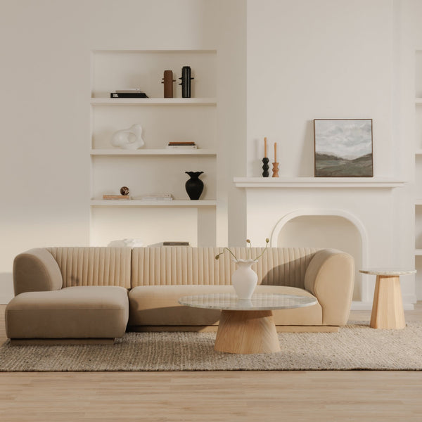 Moe's Home Zandro Sectional Sofa - Luxurious Plush Velvet Upholstery With Elegant Channel Detailing For Comfort Beige Upholstery, 100% Polyester,Plywood Frame Oa-1036-34-l-0