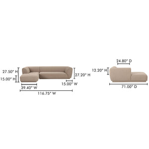 Moe's Home Zandro Sectional Sofa - Luxurious Plush Velvet Upholstery With Elegant Channel Detailing For Comfort Beige Upholstery, 100% Polyester,Plywood Frame Oa-1036-34-l-0