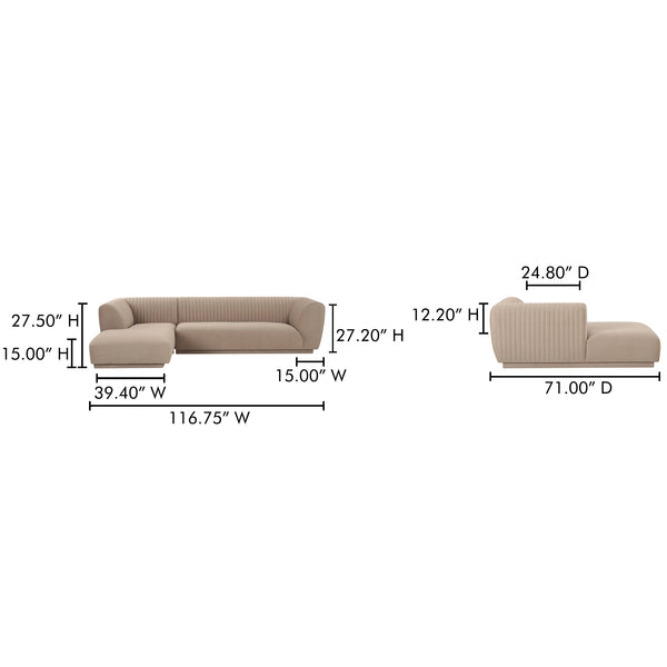 Moe's Home Zandro Sectional Sofa - Luxurious Plush Velvet Upholstery With Elegant Channel Detailing For Comfort Beige Upholstery, 100% Polyester,Plywood Frame Oa-1036-34-l-0