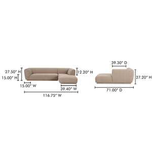 Moe's Home Zandro Sectional Sofa - Luxurious Plush Velvet Upholstery With Elegant Channel Detailing For Comfort Beige Upholstery, 100% Polyester,Plywood Frame Oa-1036-34-r-0