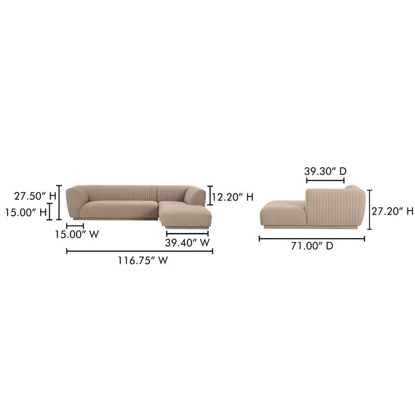 Moe's Home Zandro Sectional Sofa - Luxurious Plush Velvet Upholstery With Elegant Channel Detailing For Comfort Beige Upholstery, 100% Polyester,Plywood Frame Oa-1036-34-r-0