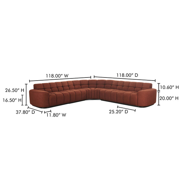 Moe's Home Roman L-shaped Sectional Sofa - Vintage Meets Modern Design With Plush Comfort For Stylish Living Spaces Orange Upholstery, 90% Polyester,10% Linen,Plywood Frame Oa-1042-12-0