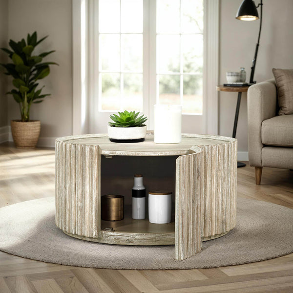 Lh Imports Oasis Coffee Table - Elegant Solid Acacia Wood With Fluted Detailing & Hidden Storage Solutions Beige Solid Acacia Wood,Mdf Acacia Veneer Oas032