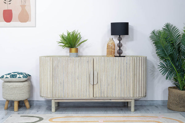 Lh Imports Oasis Sideboard - Durable Solid Acacia Wood With Fluted Detailing & Unique Corner Cupboards For Storage Beige Solid Acacia Wood,Mdf Acacia Veneer Oas04b