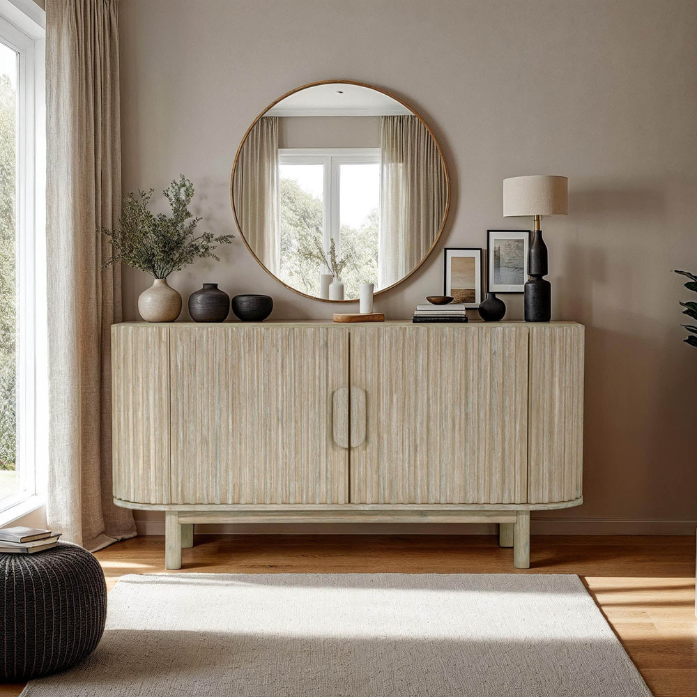 Lh Imports Oasis Sideboard - Durable Solid Acacia Wood With Fluted Detailing & Unique Corner Cupboards For Storage Beige Solid Acacia Wood,Mdf Acacia Veneer Oas04b