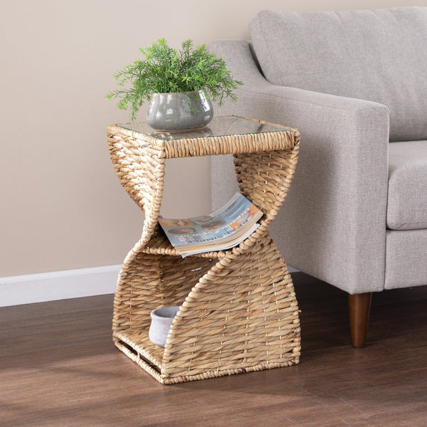 Safavieh Nivala Woven Water Hyacinth Side Table With Tempered Glass Top And Two Storage Shelves OC1084706