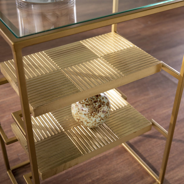 Safavieh Penketh Three Tier Tempered Glass End Table With Iron Frame And Brass Shelf Accents OC1098206