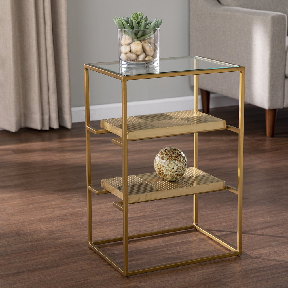 Safavieh Penketh Three Tier Tempered Glass End Table With Iron Frame And Brass Shelf Accents OC1098206