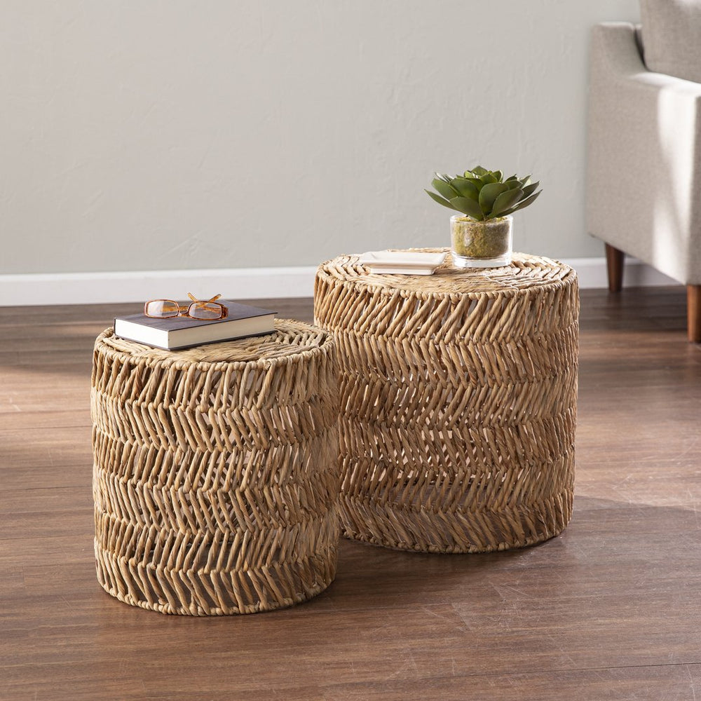 Safavieh Davari Woven Water Hyacinth Nesting Side Tables Bohemian Chevron Accent For Living Room OC1153604