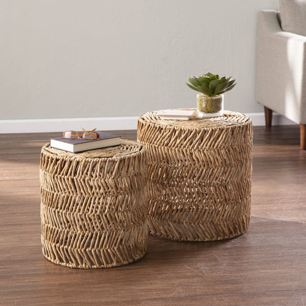 Safavieh Davari Woven Water Hyacinth Nesting Side Tables Bohemian Chevron Accent For Living Room OC1153604