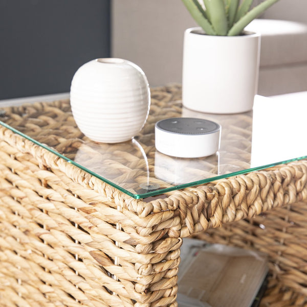 Safavieh Pallston Hand Woven Hyacinth Side Table With Tempered Glass Top For Boho Living Spaces OC1157706