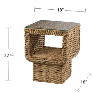 Safavieh Pallston Hand Woven Hyacinth Side Table With Tempered Glass Top For Boho Living Spaces OC1157706