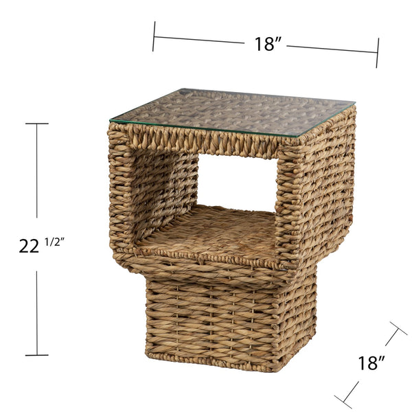 Safavieh Pallston Hand Woven Hyacinth Side Table With Tempered Glass Top For Boho Living Spaces OC1157706
